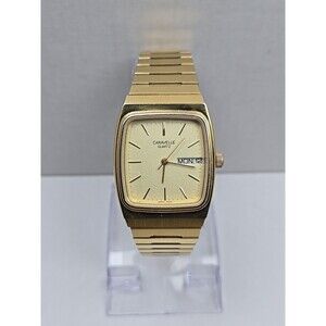 Mens Caravelle By Bulova Quartz Day Date Tank Gold Tone Watch New Battery